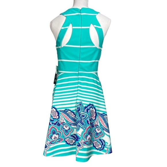 As U Wish Cut Out Skater Dress Mini Flare Stripe Floral White Teal Junior Large - Picture 3 of 16